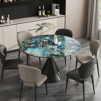 Versatile Dining Table with Marble-Pattern Stone Top & Steel Base