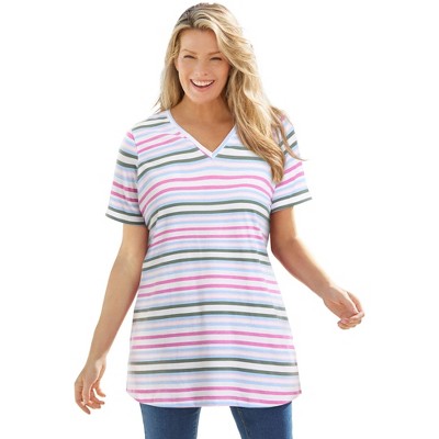 Woman Within Plus Size Perfect Printed Short-Sleeve V-Neck Tunic