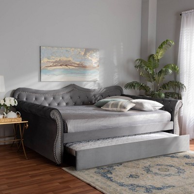 Gray Velvet Upholstered Full Daybed with Tufted Trundle
