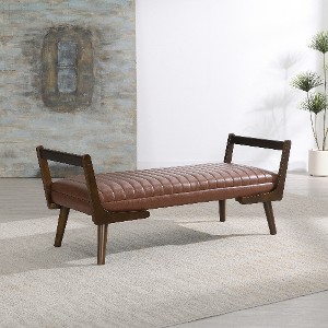 Lyngins Mid Century Modern Ottoman Bench with Walnut Wood Leg, Channeled Upholstered Footrest, Tufted Fabric Bed Bench, Chenille Entryway Bench - 1 of 4