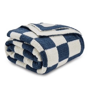 Itopfox Ultra Soft Cozy Blue and White Checkered Throw Blanket, Warm Fuzzy Plush Knit Checkerboard Blanket for Couch Bed Sofa - 1 of 4