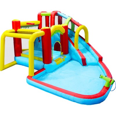 JUJABU 7-in-1 Inflatable Slide Water Park with Splash Pool, Climbing Wall, Water Gun, Bounce House, Soccer, Basketball & Football Games