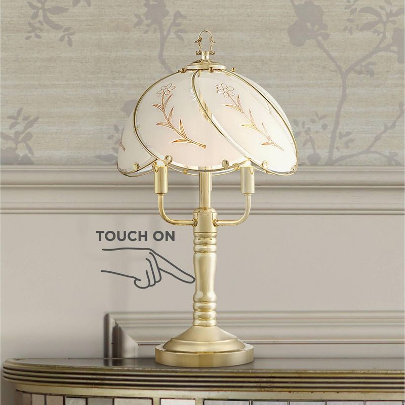 Regency Hill Flower Traditional Accent Table Lamp 19 1/2" High Polished Brass Touch On Off Floral Glass Shade for Bedroom Living Room Bedside Office, 2 of 8