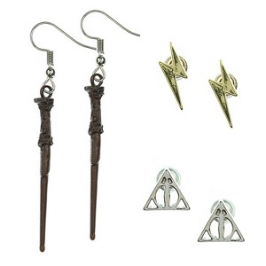 Harry Potter Lightning Deathly Hallows and Harry Potter Wand 3 Pack Earrings Set - 1 of 4