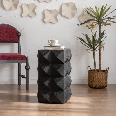 CENGHU Three-dimensional Embossed Pattern Design Retro Coffee Table, Wooden Nightstand, 23.62" H Side Table for Living Room, Dining  Room, Black