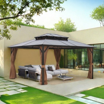 Durable Double-Roof Outdoor Gazebo with UV-Resistant Polycarbonate Top, Mosquito Netting, and Sturdy Aluminum Frame for All-Weather Use-Coolbibila