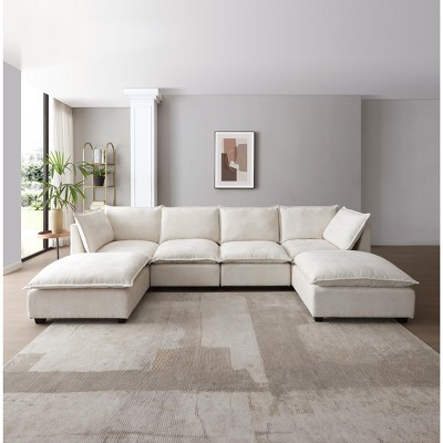 GDFStudio Honey Convertible Linen Upholstered 4 Seat 140" Sectional Sofa with Ottomans