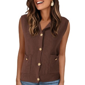 INSPIRE CHIC Women Knit Button Down Crew Neck Sleeveless with Pockets Casual Sweaters - 1 of 4