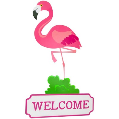 Pink Flamingo Tropical Metal Welcome Wall Sign - 25"