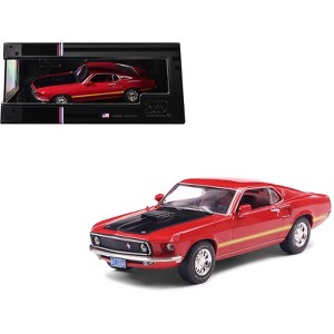 1969 Ford Mustang Mach 1 Calypso Coral Red with Black Hood and Yellow Stripes 1/43 Diecast Model Car by IXO Models - 1 of 4