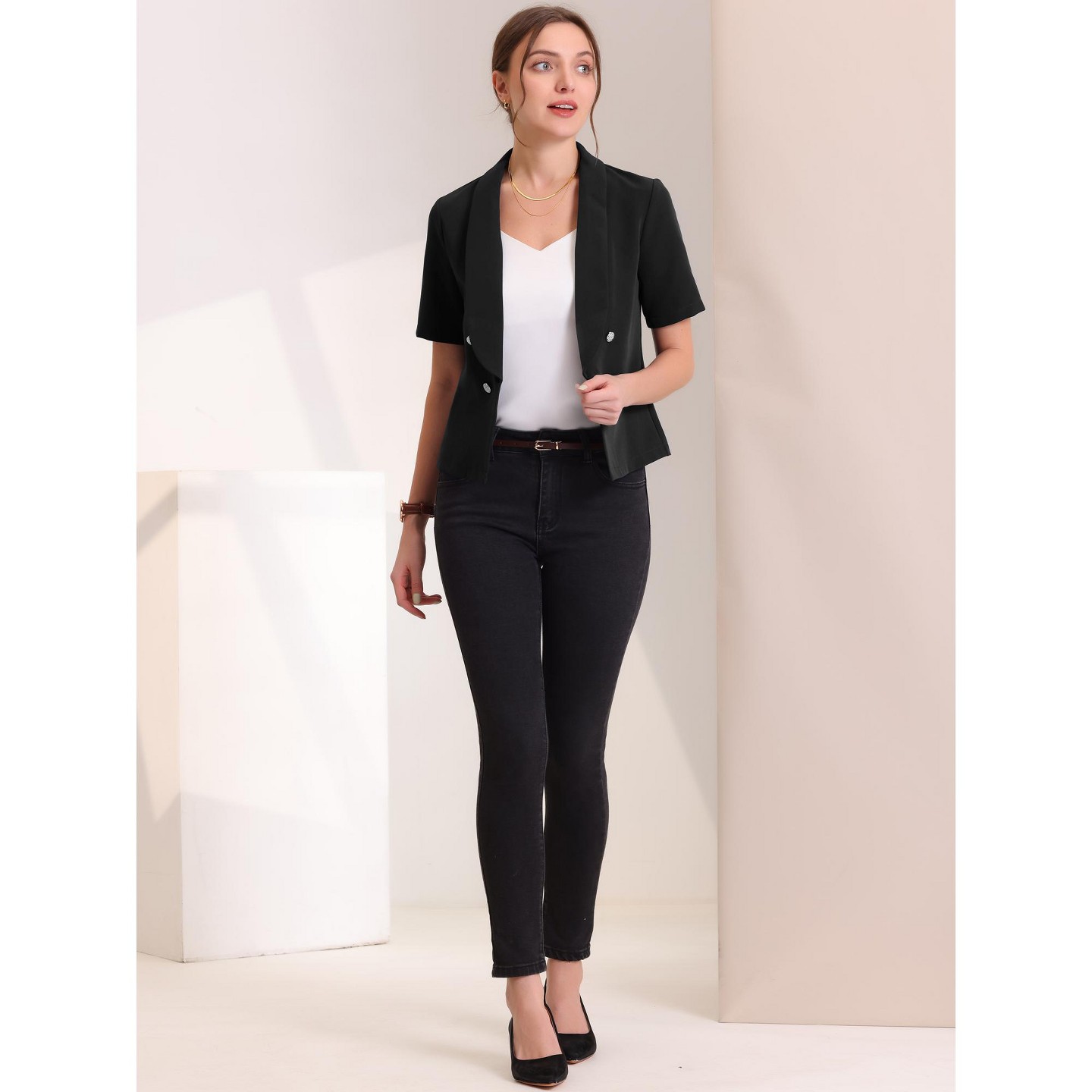 Женский пиджак Allegra K Regular Fit Shawl Collar Open Front Short Sleeve Work Office Suit Blazer Large Black, цвет: Чёрный — фото 3
