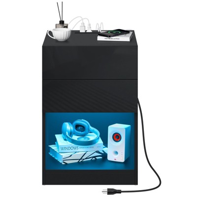 Hommpa Modern Open Shelf LED Nightstand with 2 Drawers & Table Charging Station