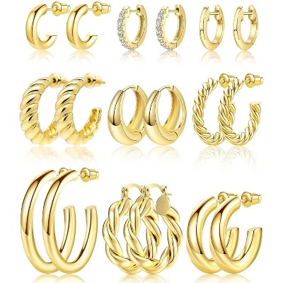 9 Pairs Gold Hoop Earrings Set for Womens Twisted Huggie Hoops Earrings 14K 18K Gold Plated for Girls Valentines Mother's