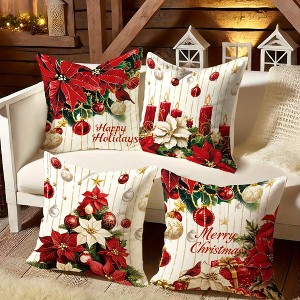 Lomsoe 4pcs Holiday Christmas Pillow Covers, Floral Design with Poinsettia and Festive Patterns, Zippered Polyester Pillowcases for Sofa and Bed Decor - 1 of 4