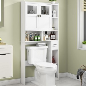 Over The Toilet Storage Cabinet with Glass Doors and Adjustable Shelves, Freestanding Home Space Save Toilet Rack, White - 1 of 4
