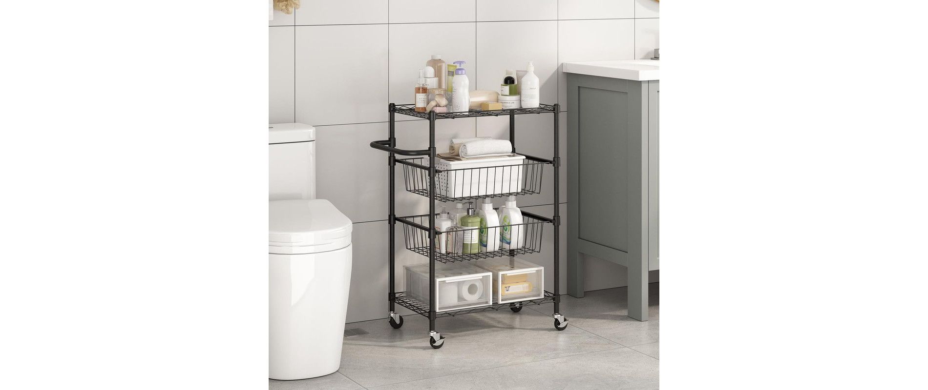 Heavy Duty 4-Tier Rolling Cart with Lockable Wheels, 110Lb Capacity - Utility Kitchen Cart for Storage, Garage