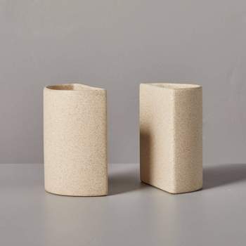 2pc Sandy Textured Ceramic Pencil Cup Bookend Set Natural - Hearth & Hand™ with Magnolia