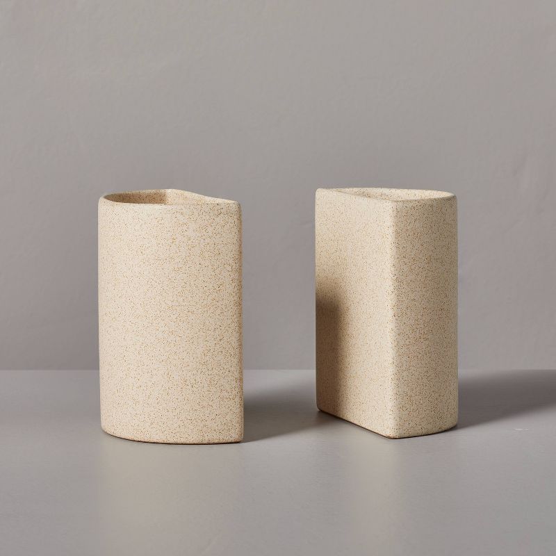 2pc Sandy Textured Ceramic Pencil Cup Bookend Set Natural - Hearth &#38; Hand&#8482; with Magnolia, 1 of 6