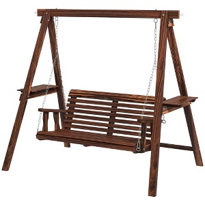 Resenkos 2-Seat Swing Chair With Stand, Carbonized, Outdoor Relaxation, Garden, Fir Wood， Carbonized - 1 of 4