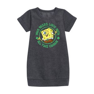 - SpongeBob Squarepants - Who Needs Luck With This Charm Graphic Short Sleeve Fleece Dress - 1 of 3