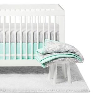 The Peanutshell Crib Bedding Set - Minted Damask - 5pc - Mint/Gray, Green Gray