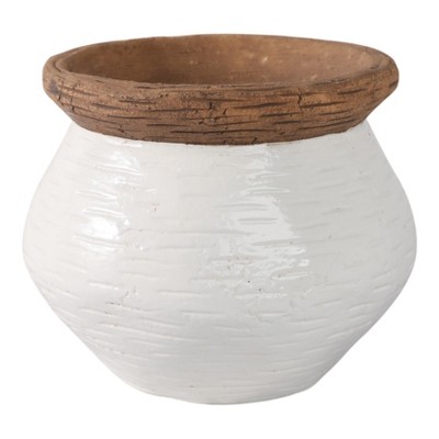 Modern Ceramic Flower Pot and Planter - Indoor and Outdoor Use - Earthy Decorative Accent for Room, Garden, Patio, or Entryway Decor - 7" White & Tan