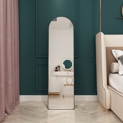 Floor mounted full length mirrors. Aluminum alloy metal frame arched wall mirror, bathroom makeup mirror,clothing store.Black