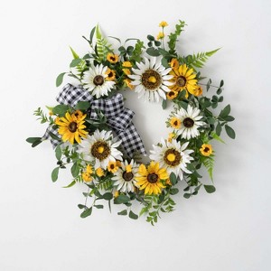 Sullivans Artificial Sunflower Gingham Wreath - 1 of 3