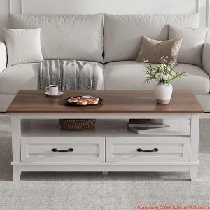 Farmhouse Coffee Table with Drawers, 47.2" Center Table Rustic Coffee Tables - 1 of 4