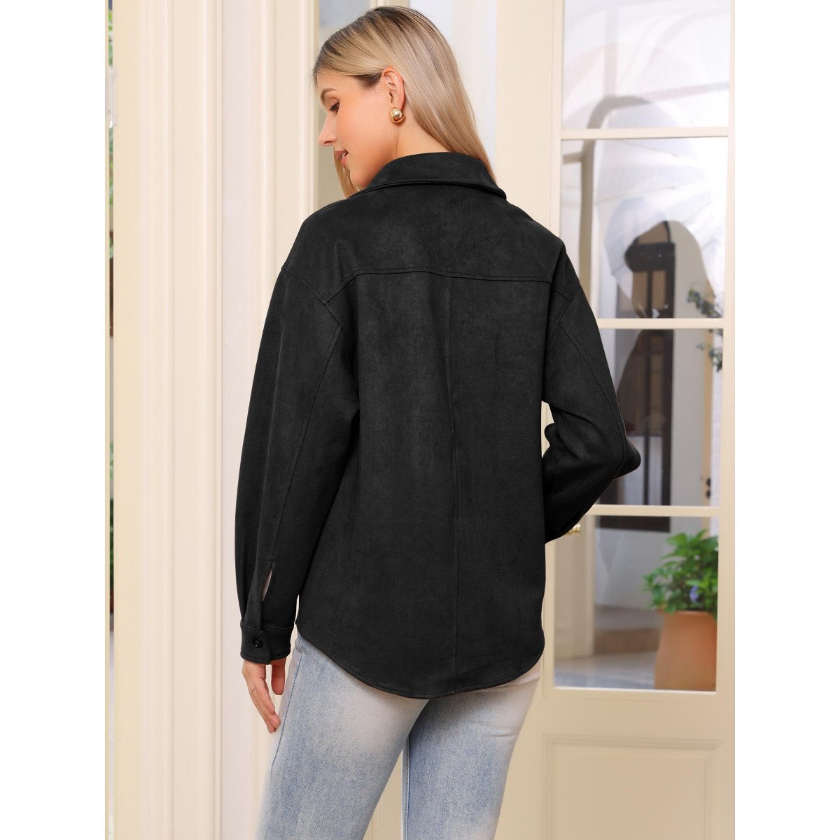 Женские куртки INSPIRE CHIC Women's Faux Suede Turn-Down Collar Long Sleeve Casual Button Down Shirt Jacket Small Brown — фото 3