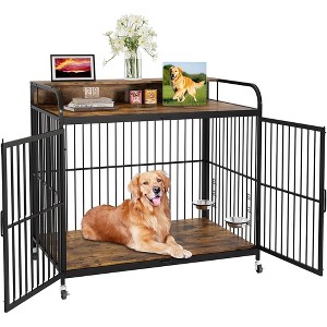 Dog Crate, Heavy Duty Dog Kennel with Adjustable Height Feeders, Pet House with 360° Wheels - 1 of 4