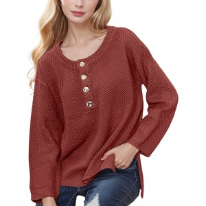 Anna-Kaci Women's Contrast Half Button Henley Down Textured Long Sleeve Sweater - 1 of 4