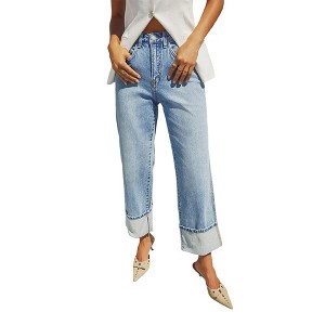 Clearlove Women's Stretch Straight Leg Jeans High Waist Vintage Roll-Cuff Denim Pants with Comfort Fit - 1 of 4