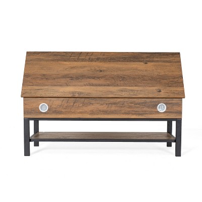 Rustic Oak Farmhouse Storage Bench with Metal Legs