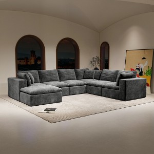 137.8"108.3" Plush Corduroy 7-Piece Modular Sectional Sofa with No Assembly Required and Comfortable Chaise Lounge - 1 of 4