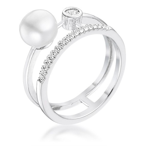 Slickblue Contemporary 0.15 Ct. CZ & Freshwater Pearl Double Band Ring for Women, Rhodium-Plated Silvertone, Sizes 5-10 - image 1 of 2