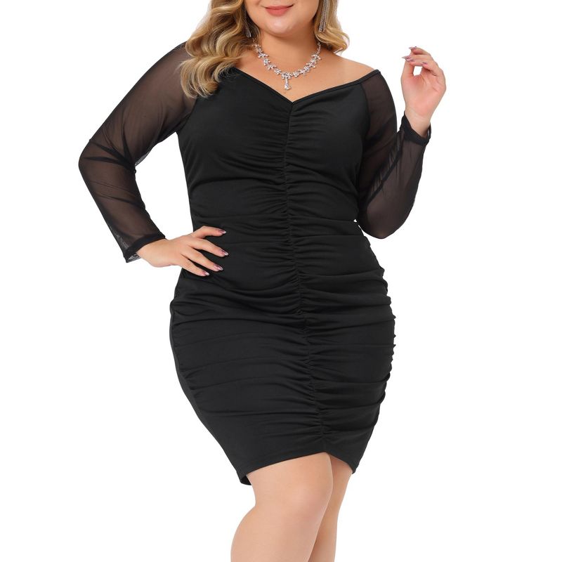 Agnes Orinda Women's Plus Size Off Shoulder Mesh Long Sleeve Stretchy Ruched Cocktail Mini Bodycon Dress, 1 of 6