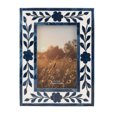 Sagebrook Home 4" x 6" Picture Frame - Blue and White Floral Petals Polyresin Portrait Holder - Decorative Glass Frame for Home