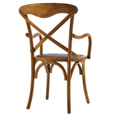 Farmhouse Walnut Wood Upholstered Arm Chair with Cross Back