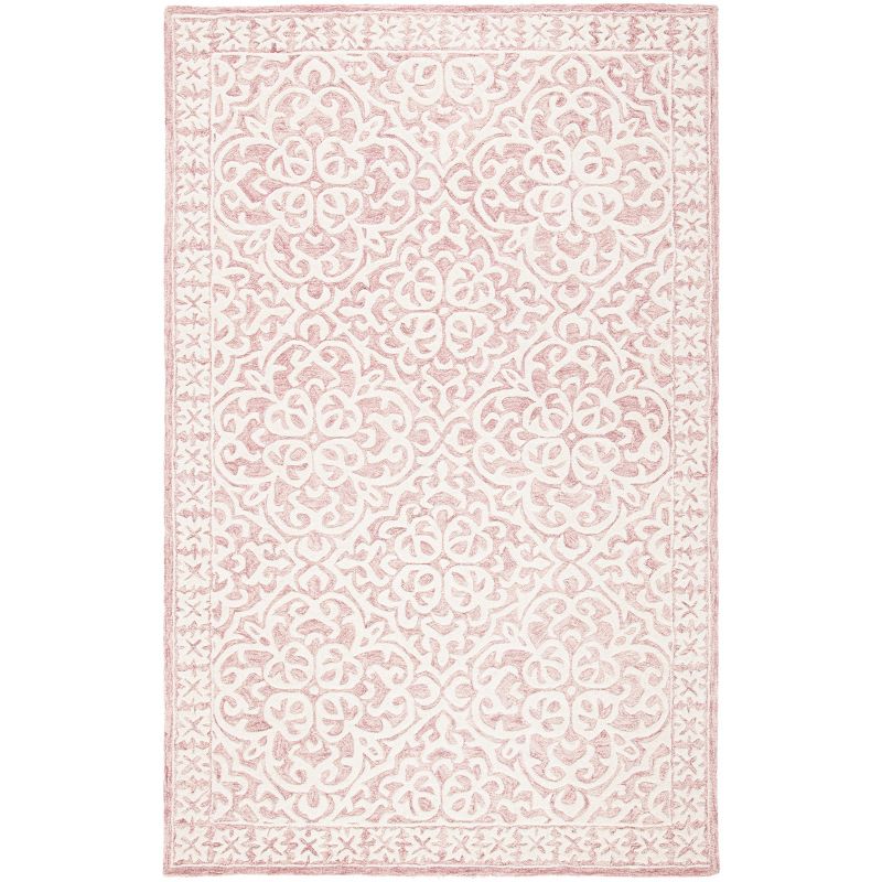 Pink and Ivory Floral Hand-Tufted Wool Area Rug 5' x 8'