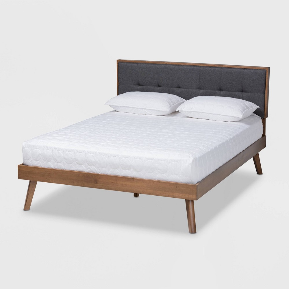 Photos - Bed Queen Alke Fabric Upholstered Walnut Finished Platform  Dark Gray/Walnut - Baxton Studio