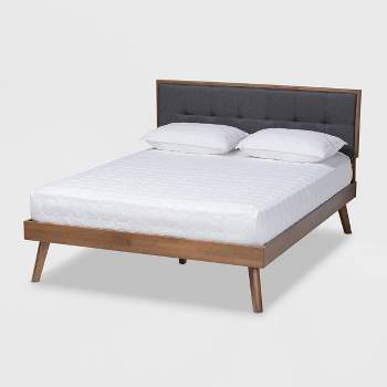 Alke Fabric Upholstered Walnut Finished Platform Bed - Baxton Studio