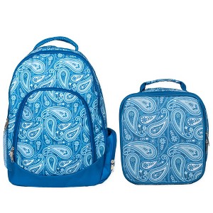 Reinforced and Water Resistant Padded Laptop School Backpack and Insulated Soft Cooler Lunch Bag Set, Blue Paisley - 1 of 3
