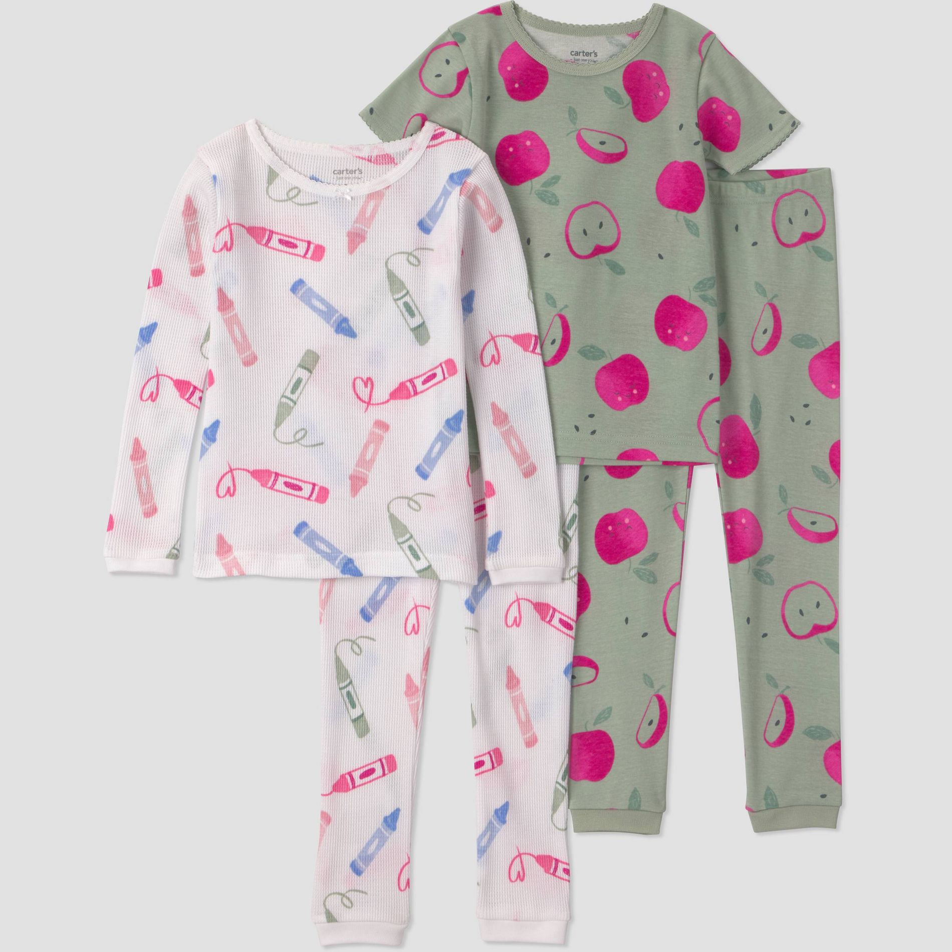 Carter's Just One You® Toddler Girls' 4pc Long & Short Sleeve Apples and Crayons Printed Cotton Pajama Set - Green/White 2T