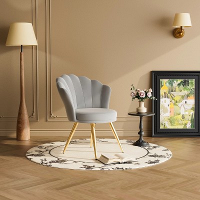 Gray velvet decorative chair with gold metal legs, powder room vanity chair, living room upholstered guest chair
