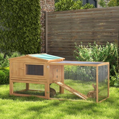 Natural Wood and Wire Outdoor Rabbit Hutch with Run