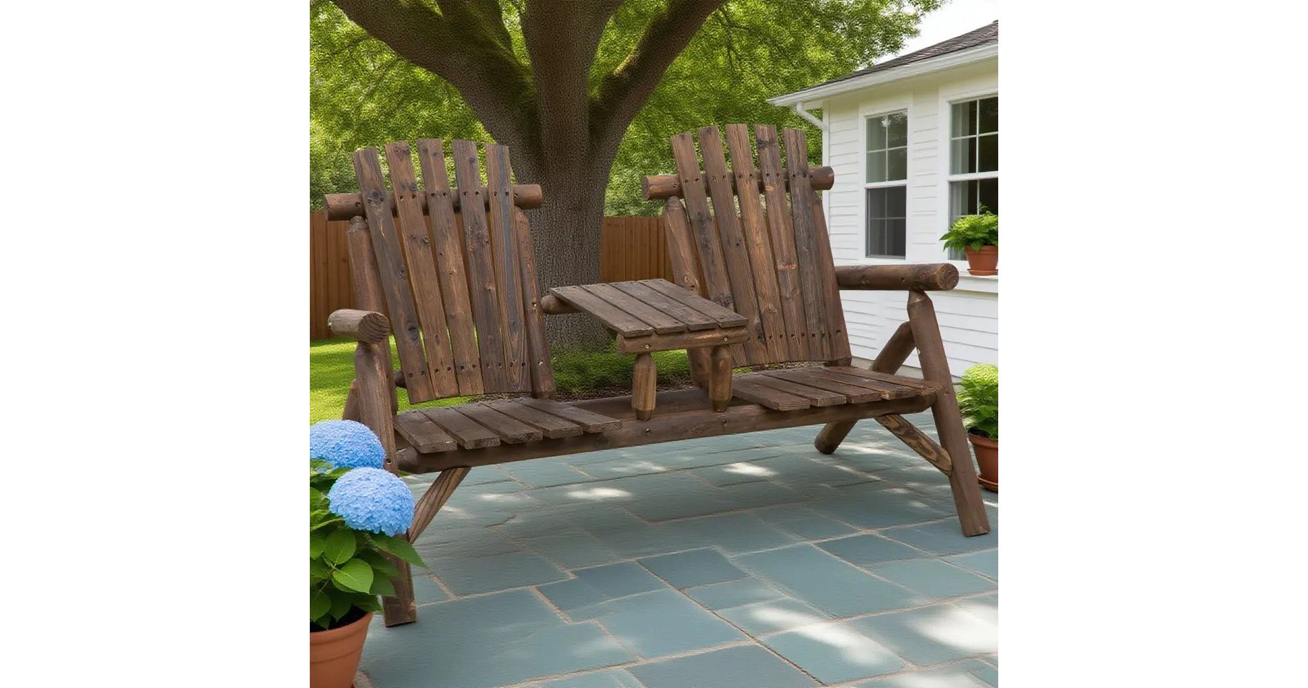 Lyngins Carbonized Fir 2-Seat Patio Bench with Center Coffee Table, Rustic Garden Bench for Outdoor Lounging, Wooden Adirondack Patio Chair Bench