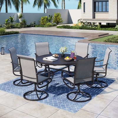 Captiva Designs 7pc Black Round Slatted Steel Table with Umbrella Hole & Textilene Swivel Chairs