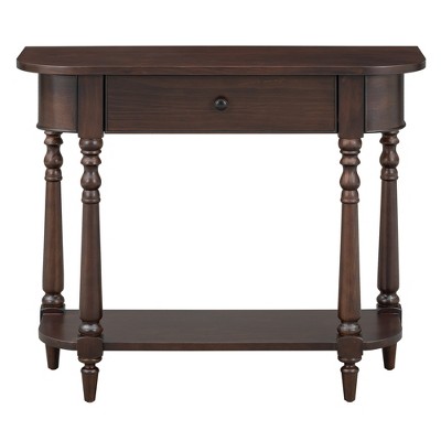 VYNXARIA Narrow Curved Corner Console Table, Retro Entryway Table with Drawer & Open Shelf, Sofa Table for Hallway, Living Room, Espresso