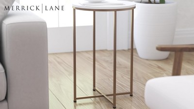 Round Clear Glass End Table with Gold Metal Cross Legs